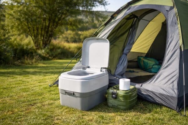 Camping toilet next to tent